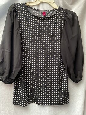 Vince Camuto Black Blouse with White Square Dot Front and Sheer Puff Sleeves